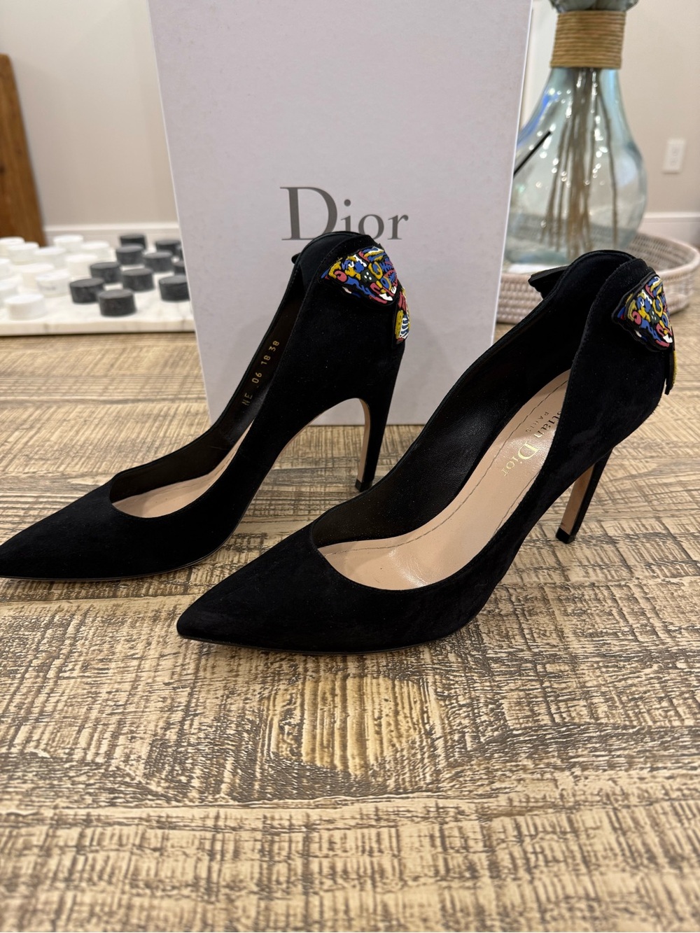 Dior Black Suede Pointed Pumps with Multicolor Embellished Heel Accent